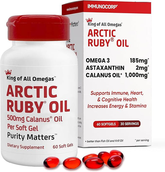 Arctic Ruby Oil - Omega 3 Supplement with Astaxanthin 2mg - Contains Essential Fatty Acids & Antioxidants - Supports Heart, Brain, Eye, Skin, Joint & Immune Health - 60 Softgels (1 Pack)