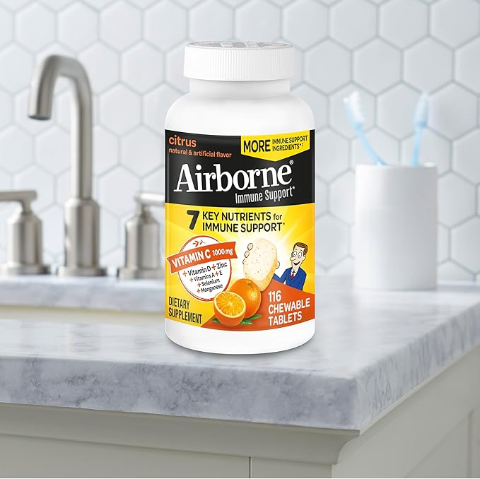 Airborne Vitamin C 1000mg (per Serving) - Citrus Chewable Tablets (116 Count in a Bottle), Gluten-Free Immune Support Supplement, with Vitamins A C E, Zinc, Selenium, Echinacea, Ginger, Antioxidants