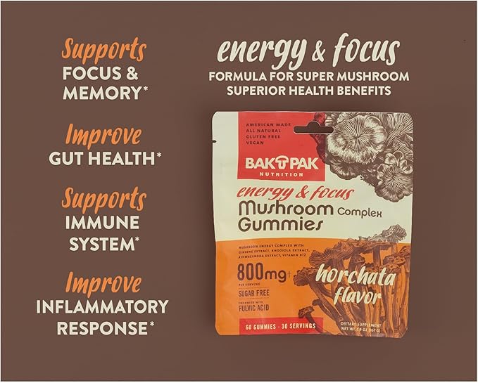 Mushroom Energy&Focus Sugar Free Gummies - Mushroom Supplement with Reishi, Cordyceps, Lion’s Mane, and Ginseng for Natural Energyand Mental Clarity - Natural Horchata Flavor, Gluten-Free, 60 Gummies