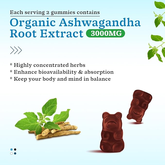 Ashwagandha Gummies for Women & Men, Ashwagandha Supplements for Calm Mood & Increased Energy, Non-GMO, Gluten-Free, Vegan 60ct