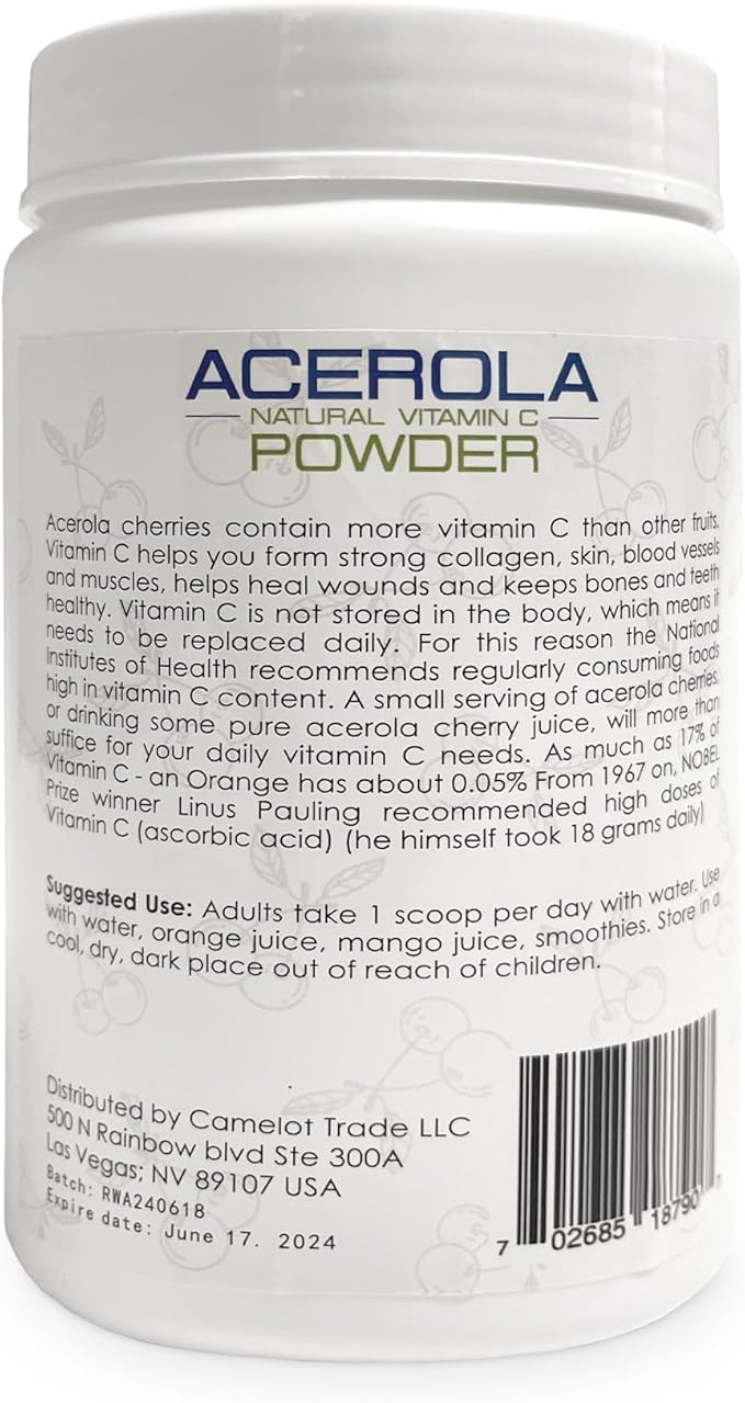 Natural Vitamin C | Acerola Cherry Naturally Grown Powder 1 Lb (16 Oz - 453 Grams) - Origin Nobel Prize Winner Immune System Booster, Non-GMO Whole Food Vitamin C Supplement