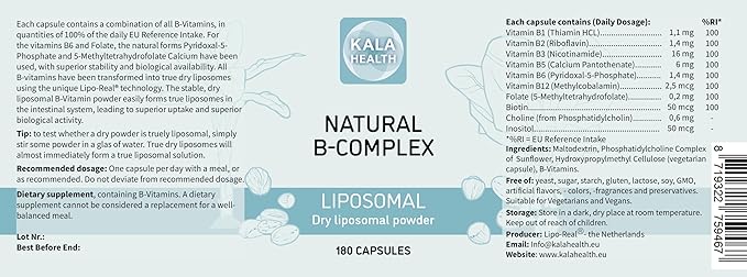 Kala Natural Liposomal B Complex Capsules with All 6 Important B Vitamins (180)