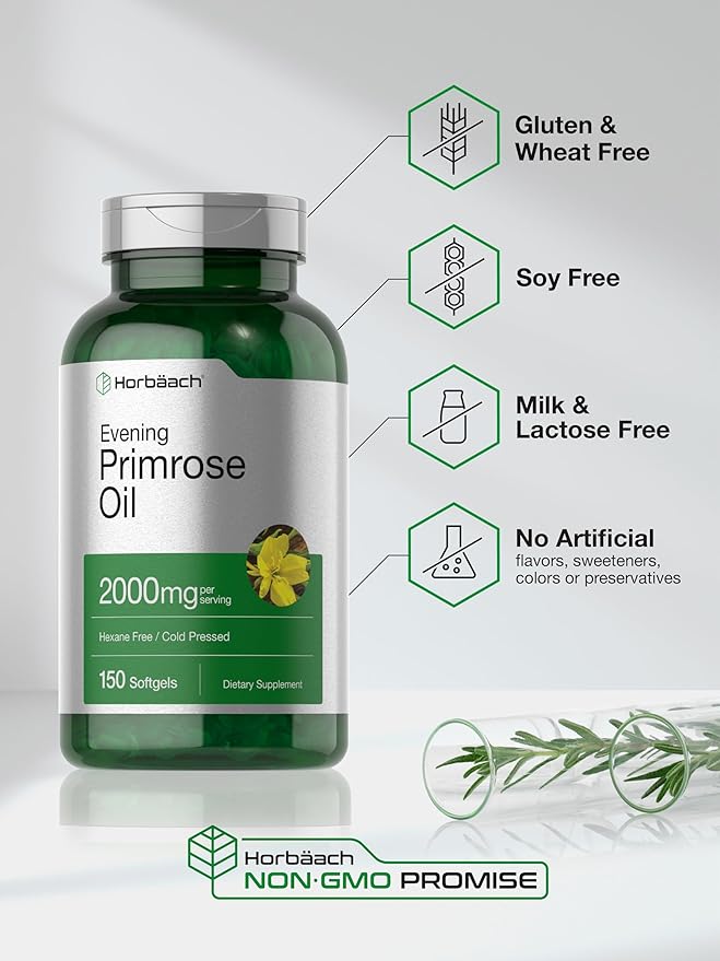 Horbäach Evening Primrose Oil Capsules 2000mg | 150 Softgels | Hexane and Solvent Free Pills | Cold Pressed Supplement with GLA | Non-GMO, Gluten Free