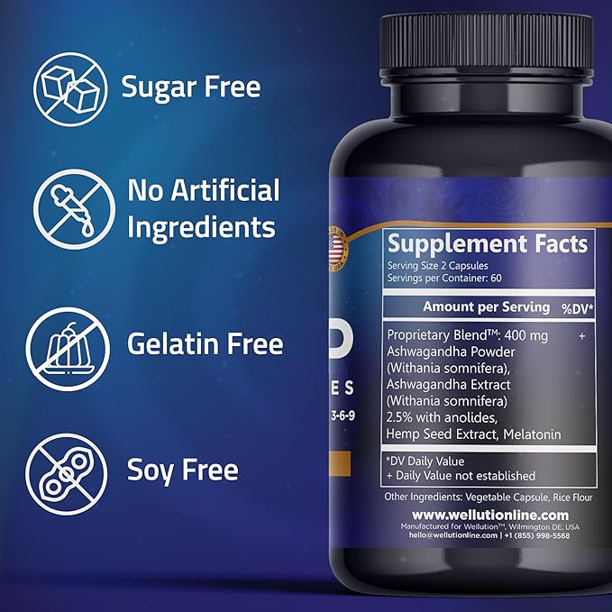 WELLUTION Hemp Oil Capsules - 120 Count - Stress & Sleep Support with Ashwagandha & Melatonin - Made in USA