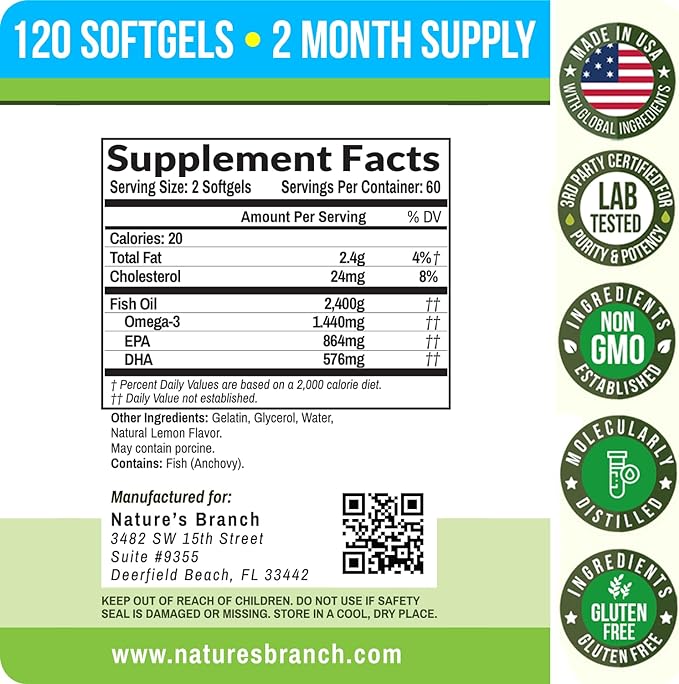 Best Triple Strength Omega 3 Fish Oil Pills 2400mg | 120 Capsules | Burpless High Potency Lemon Flavor | 864mg EPA 576mg DHA Ultra Pure Liquid Softgels | Brain Joints Eyes Hair Heart Health Supplement
