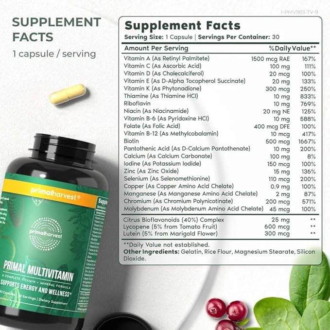 Primal Harvest 2 Pack, Multivitamin for Women and Men Vitamin A, Vitamin C, Vitamin D and E, Vitamin B12, B6, Biotin, Zinc Supplements, 60 Capsules