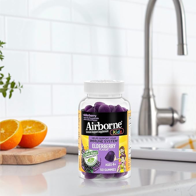 Airborne Kids Elderberry + Zinc & Vitamin C Gummies, Kids Immune Support with Powerful Antioxidants VIT D & E - 50 Gummies, Elderberry Flavor