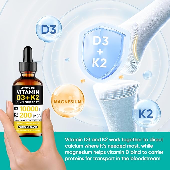 Venture Pal High-Potency Vitamin D3 10,000 IU & 200 mcg K2 (MK-7) Liquid Drops with Magnesium, Zinc & MCT Oil | Immune System Health, Bone Support, Mood Improvement | 2 Fl Oz Pineapple Supplement