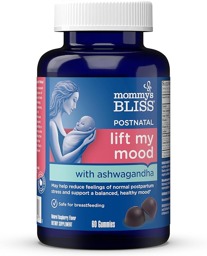 Mommy's Bliss Lift My Mood Postnatal Support Ashwagandha, May Reduce Stress & Support a Balanced Healthy Mood, Vegan, Delicious Rasberry Flavor, 60 Gummies (30 Servings)