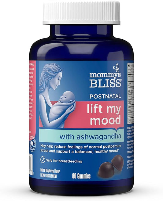 Mommy's Bliss Lift My Mood Postnatal Support Ashwagandha, May Reduce Stress & Support a Balanced Healthy Mood, Vegan, Delicious Rasberry Flavor, 60 Gummies (30 Servings)