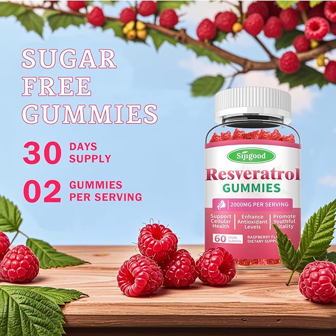 2000mg Organic Resveratrol Gummies for Women - Sugar Free Resveratrol-Nutritional-Supplements for Antioxidant Support, Cellular Health, Immunity, Brain & Energy, Raspberry Flavor, 60 Count