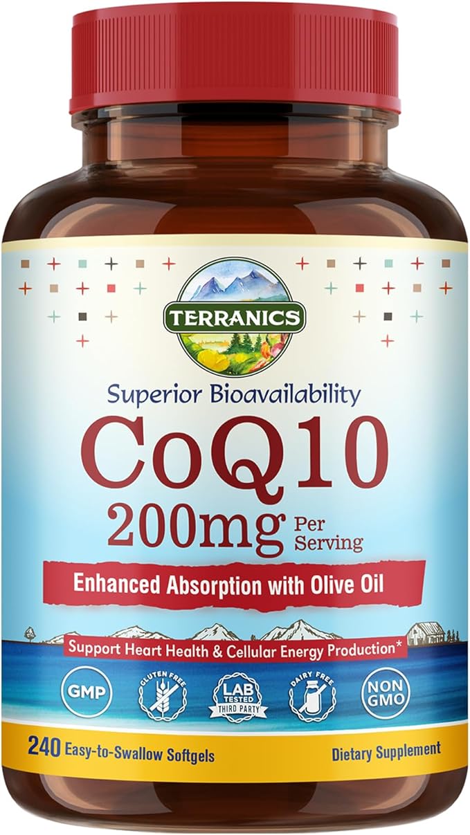 Terranics CoQ10 200mg, Coenzyme Q10 Supplement with Extra Virgin Olive Oil for Enhanced Absorption, Made in USA, Supports Heart Health, Antioxidant Protection, Energy Production, Non-GMO, 240 Softgels