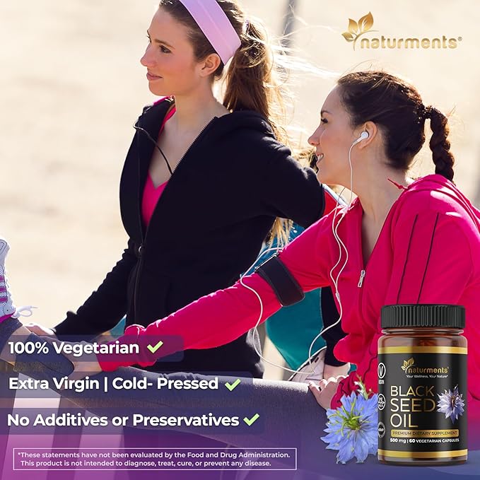 Naturments Premium Black Seed Oil Vegetarian Capsules 100% Organic Unrefined Non GMO Cold Pressed Extra Virgin Nigella Sativa Pure Halal Kalonji Oil - 60 Capsules (500 mg Each)