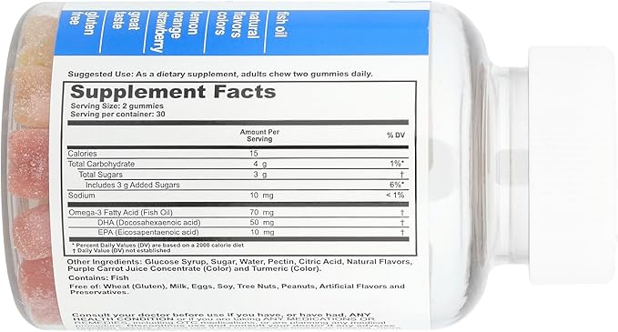 Omega-3 Gummy Dietary Supplement, Lemon/Orange/Strawberry, 60 Count