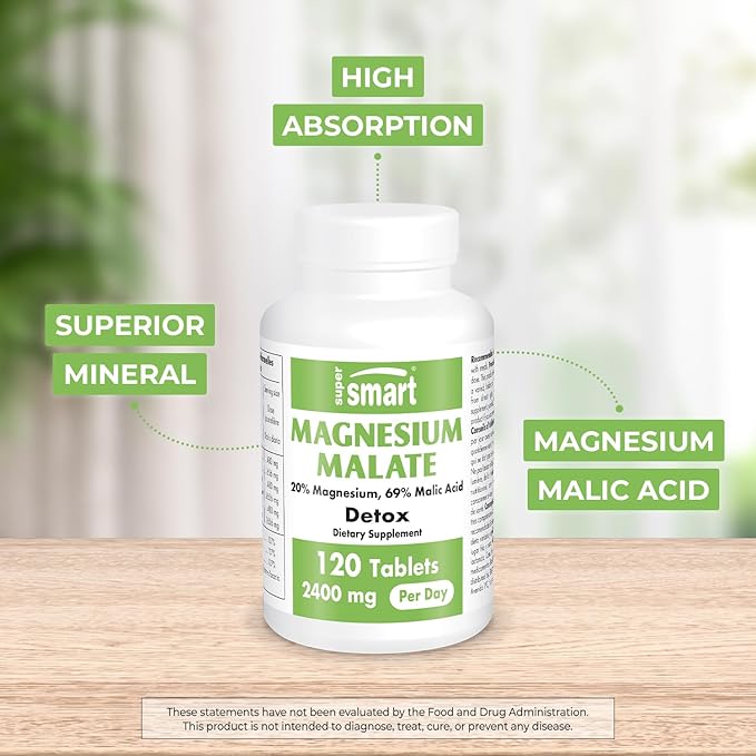 SuperSmart - Magnesium Malate 2400mg per Day (Highly Bioavailable) - Superior Mineral - Magnesium Malic Acid Supplement | Non-GMO & Gluten Free - 120 Tablets