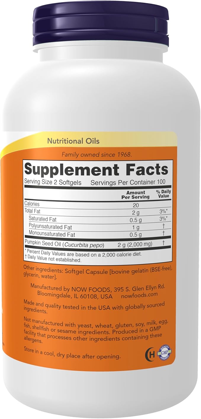 NOW Foods Supplements, Pumpkin Seed Oil 1000 mg with Essential Fatty Acids and Phytosterols, Cold Pressed, 200 Softgels