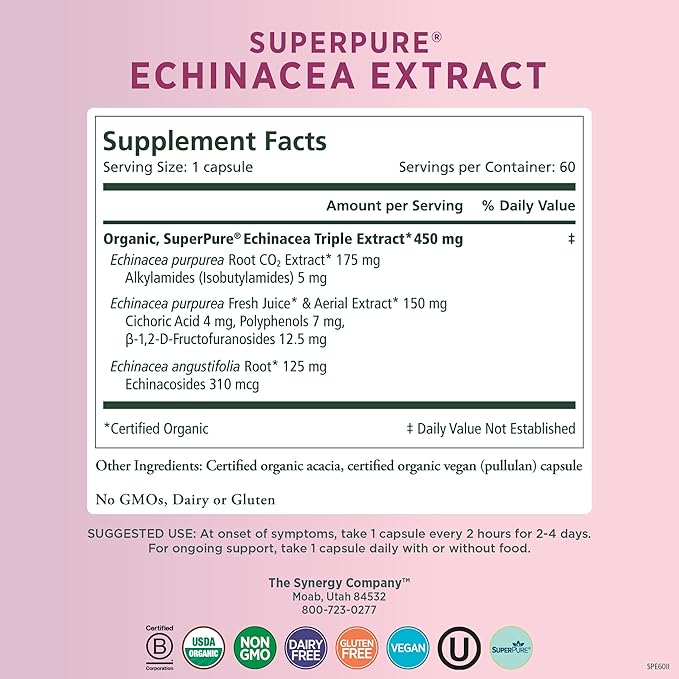 PURE SYNERGY SuperPure Echinacea Extract | Immune Support Supplement | Organic Echinacea Capsules with Full-Spectrum Triple Extracts | Potent Support for Immune Health (60 Capsules)