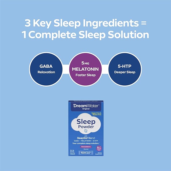 Dream Water Sleep Aid Powder; Melatonin 5mg, GABA, 5-HTP; Natural Flavors; Helps You to Fall Asleep, Fast, and Wake Refreshed; Snoozeberry, 10-Count