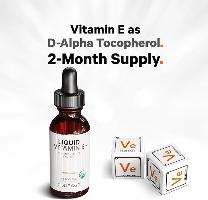 Codeage Liquid Vitamin E+ - USDA-Certified Organic Vitamin E - 2-Month Supply - D-Alpha Tocopherol Acetate, Organic MCT Oil, Organic Orange Fruit Oil, Unflavored, Non-GMO, Vegan, Gluten-Free, 2 fl oz