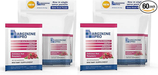 L-ARGININE PRO Supplement Powder | 60 Packets Single Serve Travel Size | 5,500mg of L-arginine Plus 1,100mg L-Citrulline, Raspberry