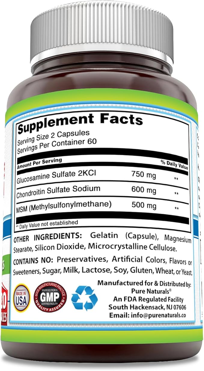 Pure Naturals Glucosamine Chondroitin & MSM Supplement | 1850 Mg per Serving | 120 Capsules | Non-GMO | Gluten-Free | Made in USA