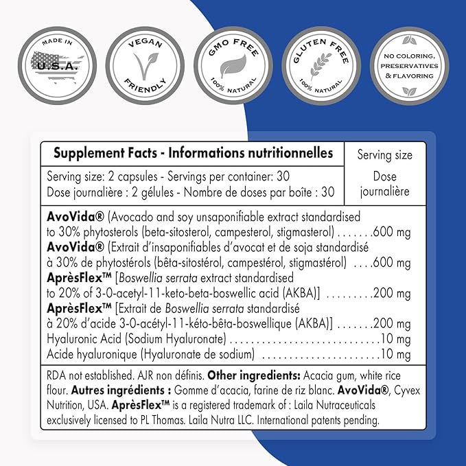 Supersmart - FlexiSmart (Patented & High Strength) - with AvoVida, ApresFlex, Hyaluronic Acid - Avocado Soy & Boswellia Serrata Extract Supplement | Non-GMO & Gluten Free - 60 Vegetarian Capsules
