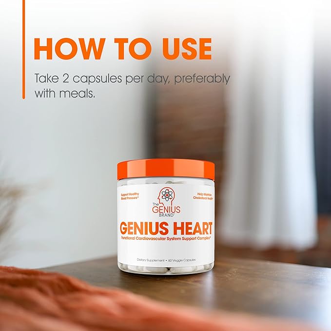 The Genius Brand - Genius Heart, 60 Veggie Pills - Natural Support Supplement May Help Cholesterol Levels and May Help Improve Healthy Blood Pressure - Grape Seed Extract, Vitamin K2 & CoQ10