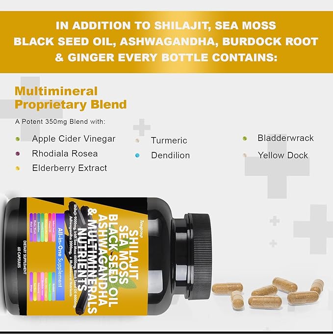 Shilajit 9000mg Sea Moss 6000mg Black Seed Oil 4000mg Ashwagandha 2000mg Burdock 1000mg & Vitamin C & D3 with Elderberry rhodiola rosea Dandelion Yellow Dock Turmeric ACV