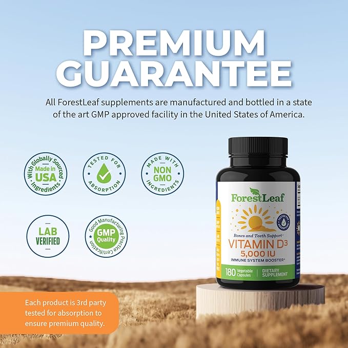 ForestLeaf Vitamin D3 5000 IU | VIT D - VIT D3 Vitamin D Supplements for Women and Men | Bone Health, Teeth and Immune Support | Easy to Swallow Pills | One Capsule Daily, 6-Month Supply, 180 Count