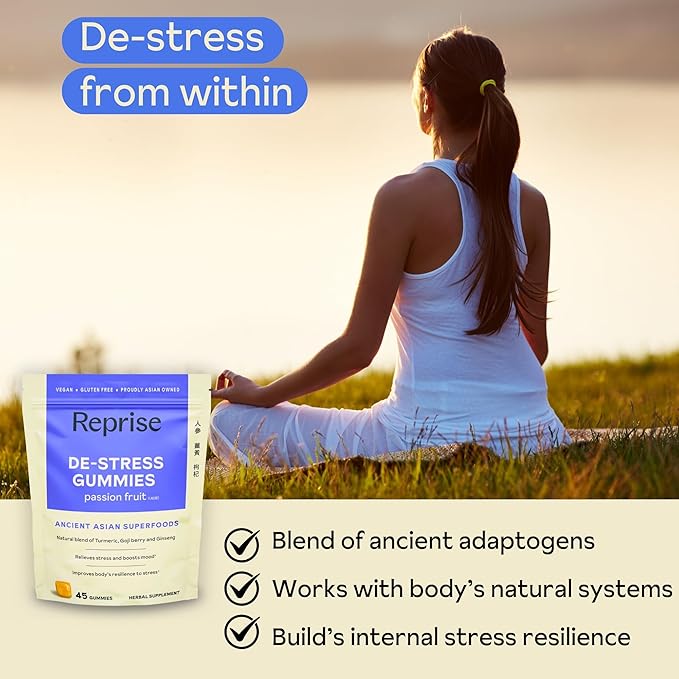 De-Stress Gummies with American Ginseng, Turmeric, and Goji - Assist with Stress Relief & Mood Boost, All-Natural Relaxation, Low-Sugar, 45 Vegan Gummies, Passion Fruit (45 Gummies (Pack of 1))