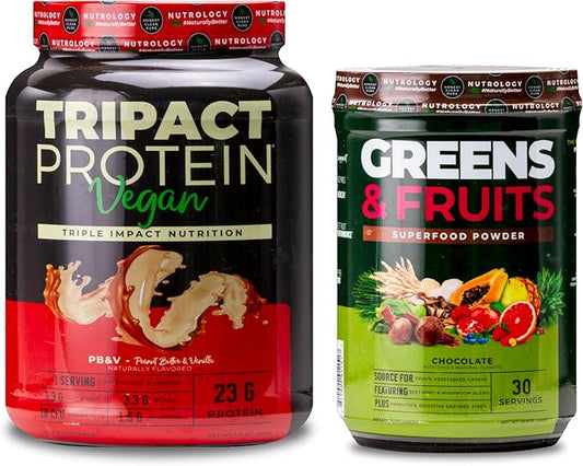Nutrology Greens & Fruits Powder-Naturally Sourced Superfood, Chocolate (30 Servings) TRIPACT Vegan Protein Powder, for Vegan Protein Shakes, Peanut Butter Vanilla (20 Servings)