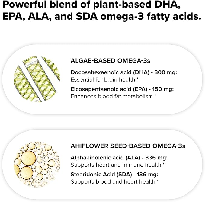 Complement Vegan Omega 3 Supplement- 960mg Omega-3 Fatty Acids, DHA, EPA, SDA, ALA Supplement - Immune Support- 60 Servings, 120 Liquid Capsules