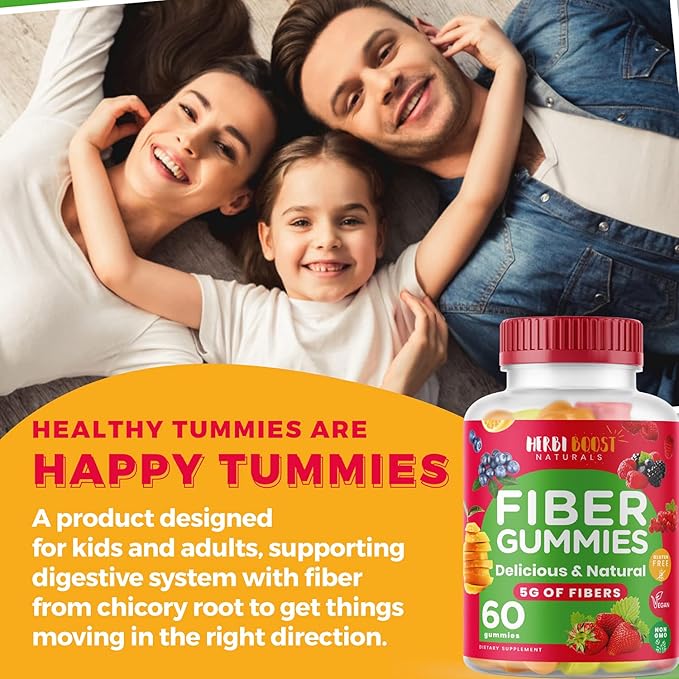 Prebiotic Fiber Gummies for Adults & Kids, Vegan Gummy Soluble Fiber with Inulin, Chicory Root Stimulating Enzymes for Digestion, Bloating Relief & Gut Health, Multicolor Natural Flavor Vitamins