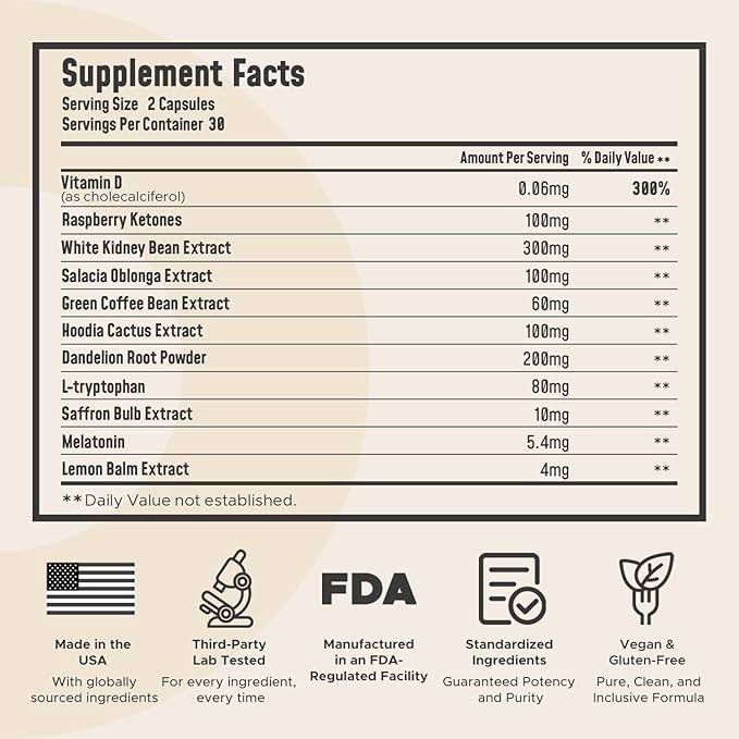 Night Burn Supplement: Raspberry Ketones Green Coffee Bean Hoodia Cactus Melatonin - Made in USA (60 Vegetarian Capsules)