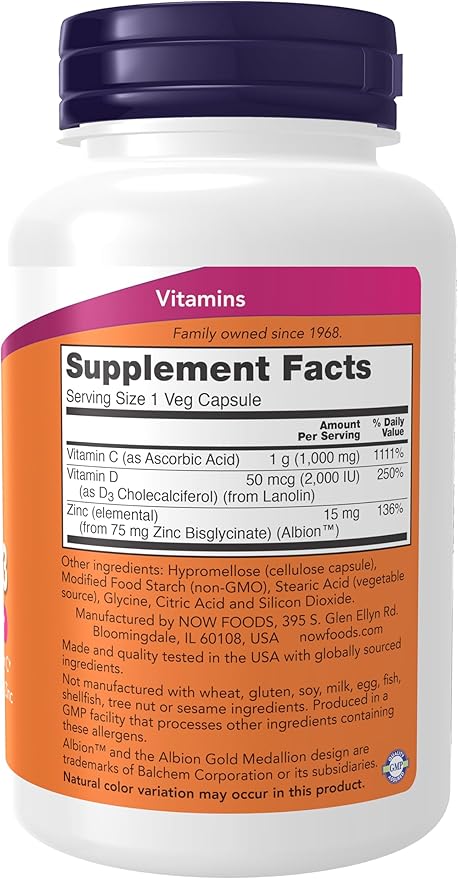 NOW Supplements, C-1000 Zinc & D-3, Seasonal Immune Support*, 100 Veg Capsules