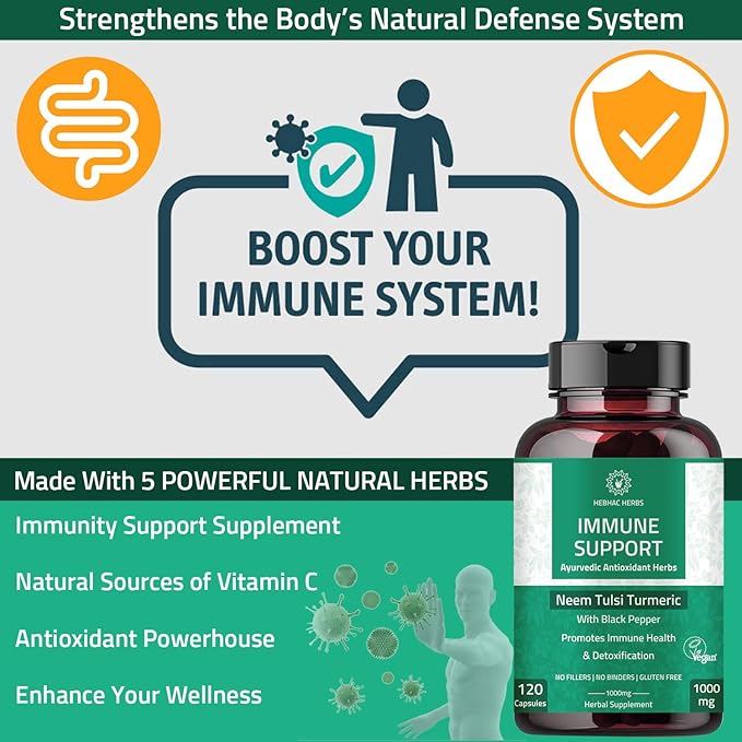 Immune Support Capsules - Immunity Support Supplement 120 Capsules Made with Organic Neem, Tulsi, Amla & Turmeric, Enhance Wellness and Immune Function.
