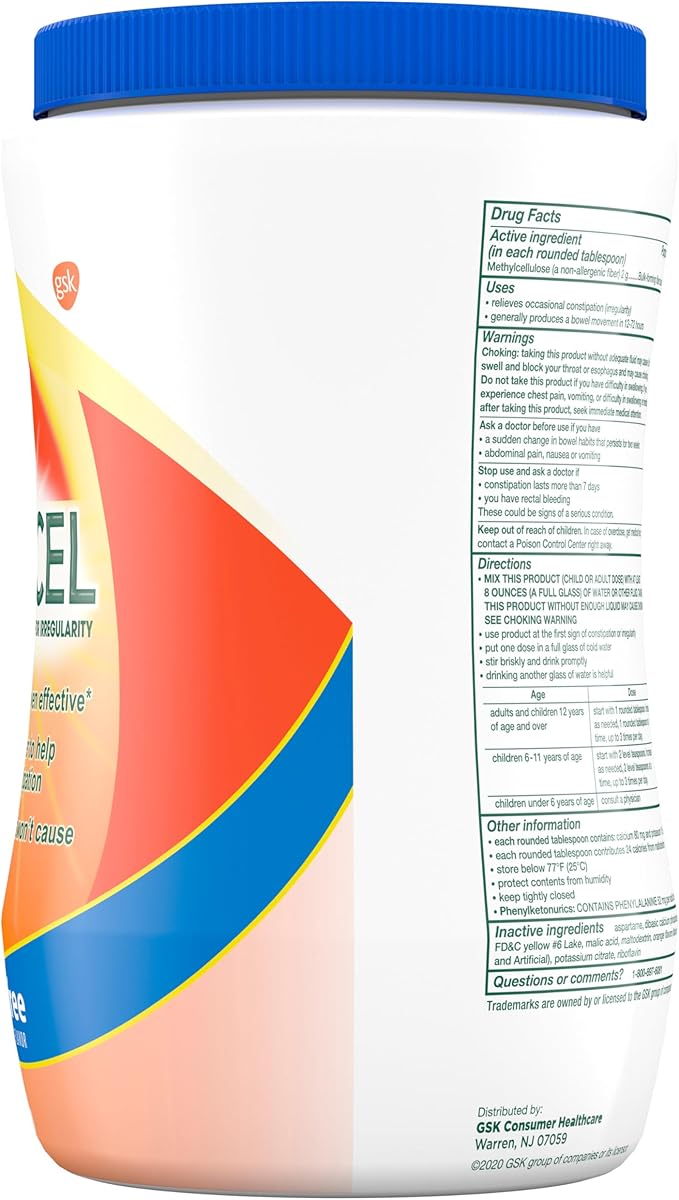 Citrucel Sugar Free Fiber Powder for Occasional Constipation Relief, Methylcellulose Fiber Powder, Orange Flavor - 32 Ounces