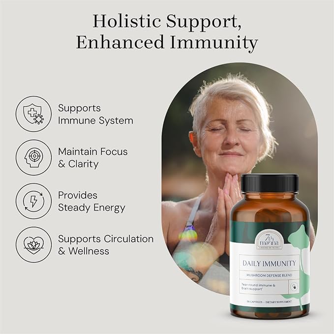 Daily Immunity - Mushroom Supplement Capsules with Lion’s Mane, Turkey Tail, Cordyceps, Reishi - Brain Support, Focus, Energy & Immune Booster - 60 Ct