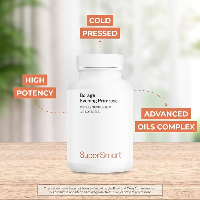 Supersmart - Borage & Evening Primrose (High Potency) - GLA Oil Gamma Linolenic Acid Cold Pressed - with Vitamin E, Borage Oil & Evening Primrose Oil Supplement | Non-GMO & Gluten Free - 120 Softgels