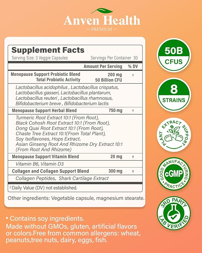 Menopause Supplements for Women - Probiotics for Menopause Relief, Hot Flashes, Night Sweats, Bloating & Gut Health with Herbs, Collagen, Vitamins, Gluten Free & Non-GMO | 270 Veggie Caps