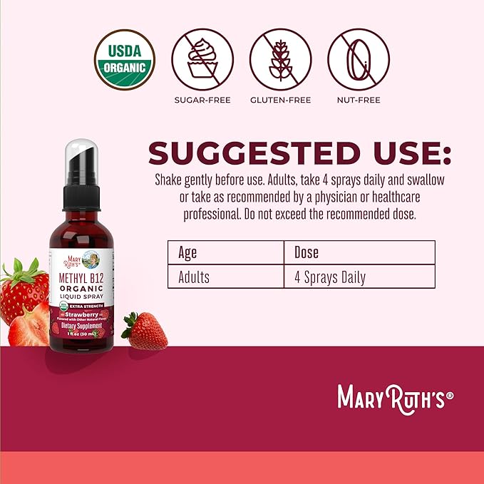 MaryRuth Organics Vitamin B12 Liquid Spray | Vegan, Non-GMO, Gluten-Free | USDA Organic Supplement | Energy & Nervous System Support | B12 Vitamins for Women & Men | 720 mcg | 1 Fl Oz