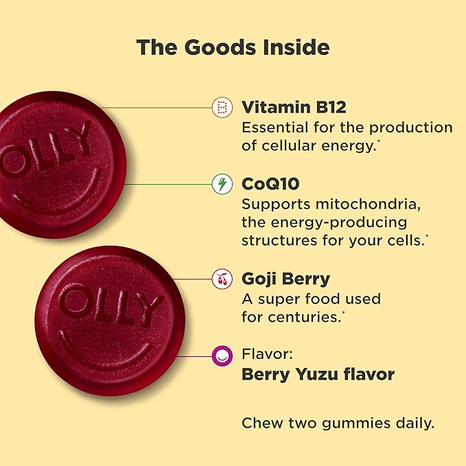 OLLY Muscle Recovery Sleep Gummies, Sleep and Sore Muscle Support, 3mg Melatonin & Extra Strength Daily Energy Gummy, Caffeine Free, 1000mcg Vitamin B12, CoQ10, Goji Berry