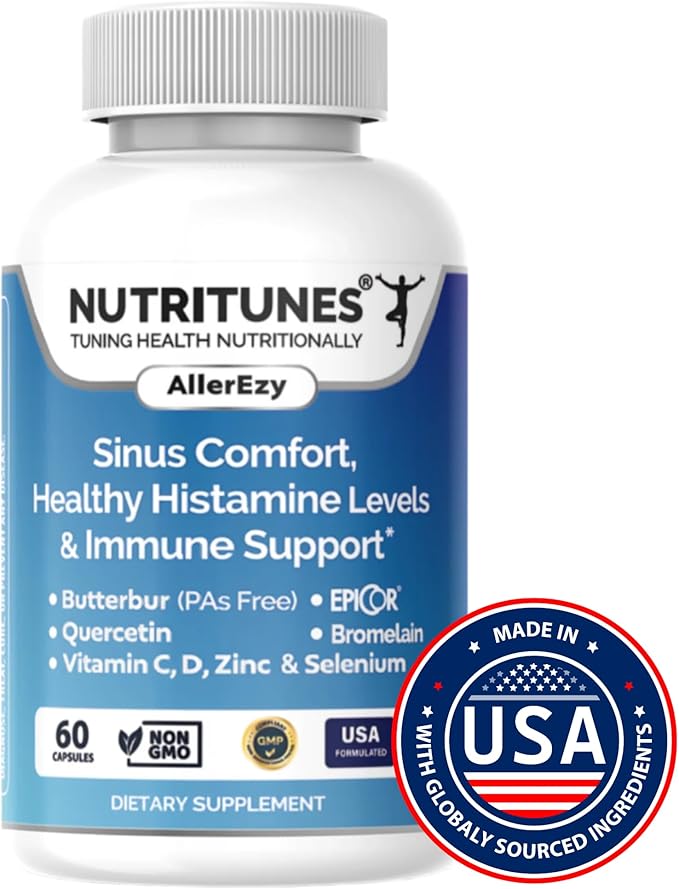 AllerEzy – Supports Healthy Histamine Levels, Sinus Comfort, and Immune Health with Butterbur, EpiCor, Quercetin, Bromelain, Vitamins C and D, Zinc, and Selenium – 60 Capsules