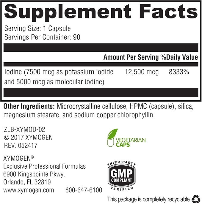 XYMOGEN XymoDine Iodine Supplement - High Potency Iodine 12.5 g to Support Healthy Synthesis of Thyroid Hormones - Potassium Iodide with Molecular Iodine (90 Vegetarian Capsules)