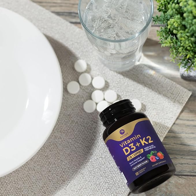 Vitamin D3 5000 iu Plus K2 (MK-7) 100 mcg - 2 in 1 Vitamins D & K Complex - Supports Calcium Absorption, Bone, Immune, & Heart Health – Made in the USA, Non-GMO, Easy to Swallow - 60 Chewable Tablets