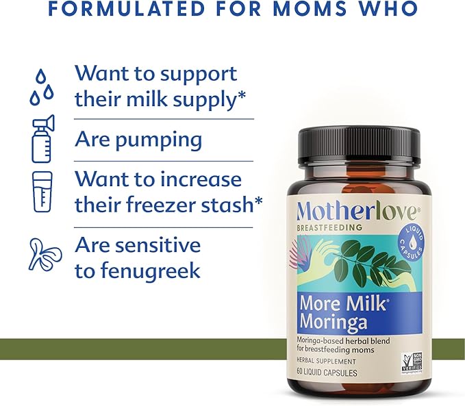 Motherlove More Milk Moringa (180 Liquid caps) Moringa-Based Lactation Supplement to Support Breast Milk Supply—Non-GMO, Organic Herbs, Vegan, Kosher