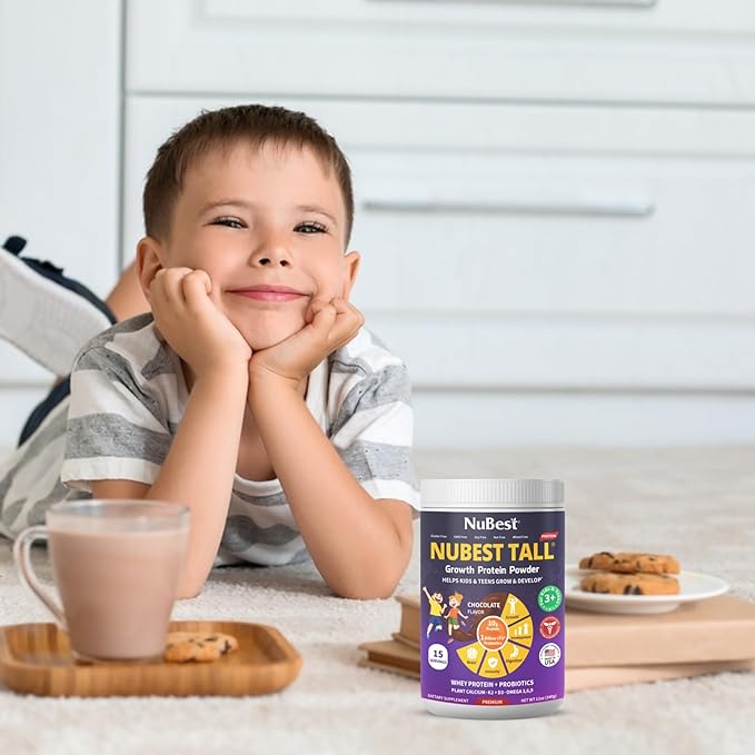 NuBest Tall Protein Powder for Kids & Teens - Chocolate Protein Powder Shake - Protein Drink with Probiotics, Omega 3-6-9, Vitamin D3 + K2, Calcium, Vitamins - Bone Strength and Immunity - Pack 4