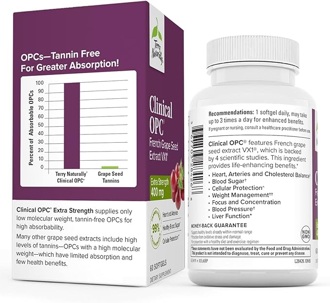 Terry Naturally Clinical OPC Extra Strength - Cardiovascular Health & Focus Support - Supplement with Grape Seed Extract - Immune Support Supplement - 60 Softgels (Pack of 3)