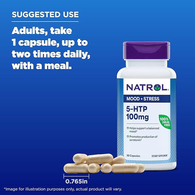 Natrol Mood + Stress 5-HTP 100 mg, Dietary Supplement for a Balanced Mood, Capsules for Adults, 30 Capsules, Up to a 30 Day Supply