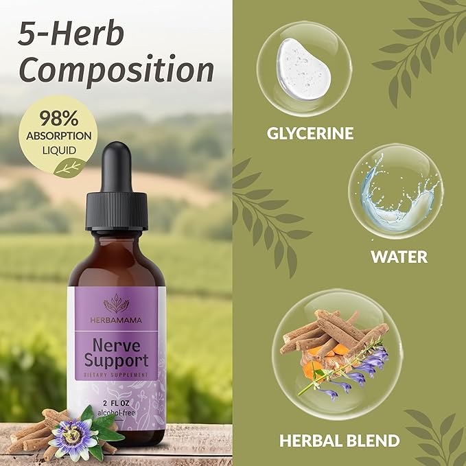 HERBAMAMA Nerve Support and Rhodiola Kit - Bundle of Nerve Support Liquid Complex 2 fl oz & Rhodiola Rosea Capsules - Vegan, Non-GMO, Sugar & Alcohol-Free, 2 Pack